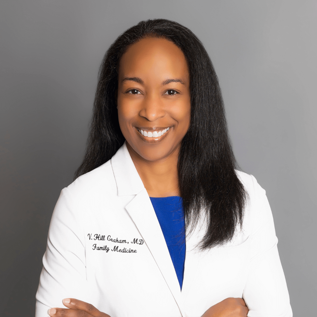Dr. Vernishia Hill Graham in her white coat