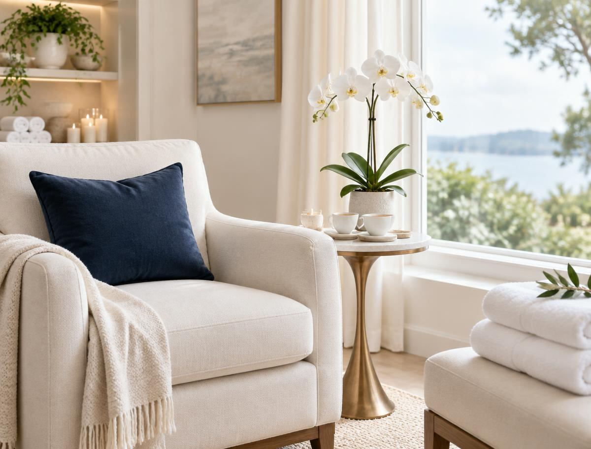 Calm, bright spa lounge with an orchid and armchair